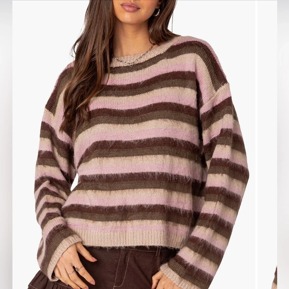 EDIKTED Striped Oversized Cropped Sweater in Pink and Brown/Beige Mix -Size M/L - Picture 1 of 13
